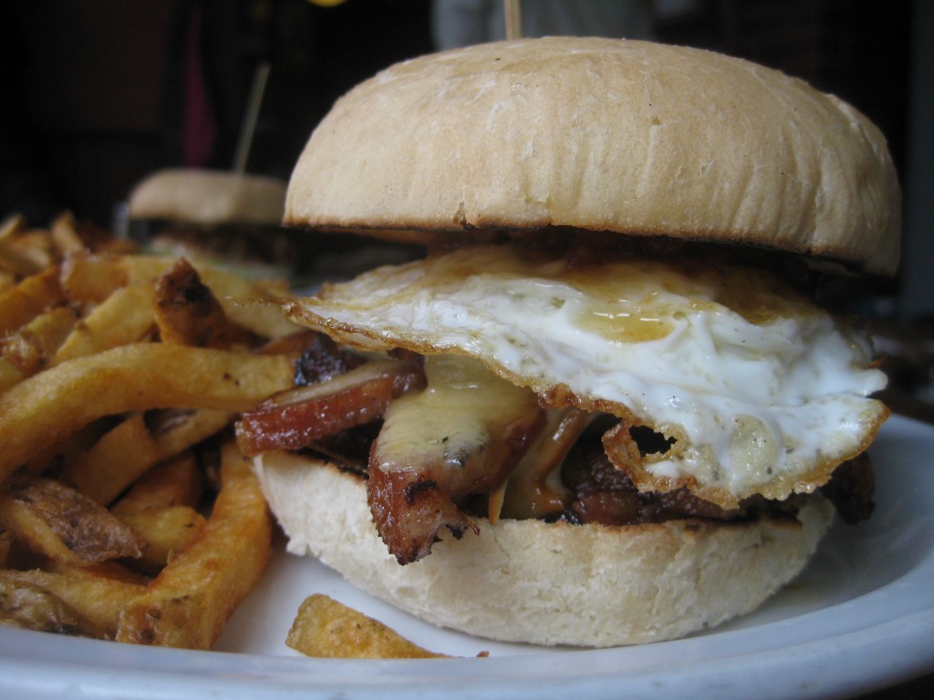 "Big Bad Wolf" at Bearly's - Oulton's pork belly, Brothers back bacon, smoked Gouda, bacon jam, fried egg, honey mustard